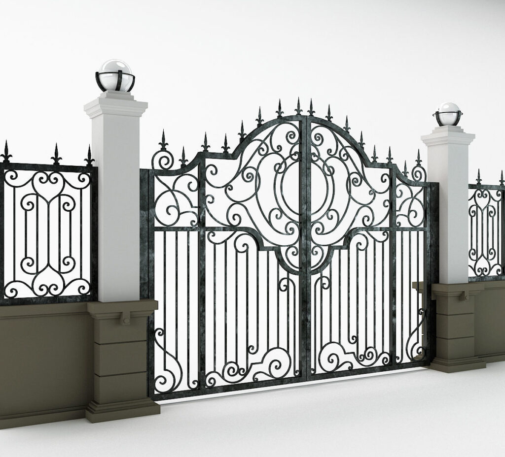 Lucrare StefiArt – poartă din fier forjat realizată manual, model 3D cu ornamente clasice